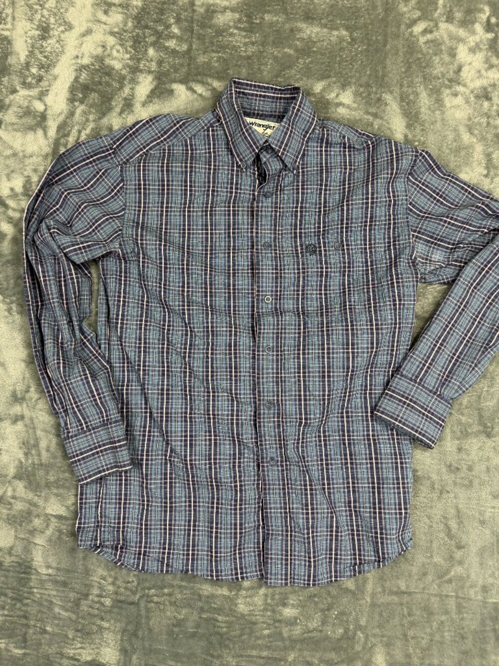 Wrangler Mens Blue Plaid Long Sleeve Button-Down Shirt Size S